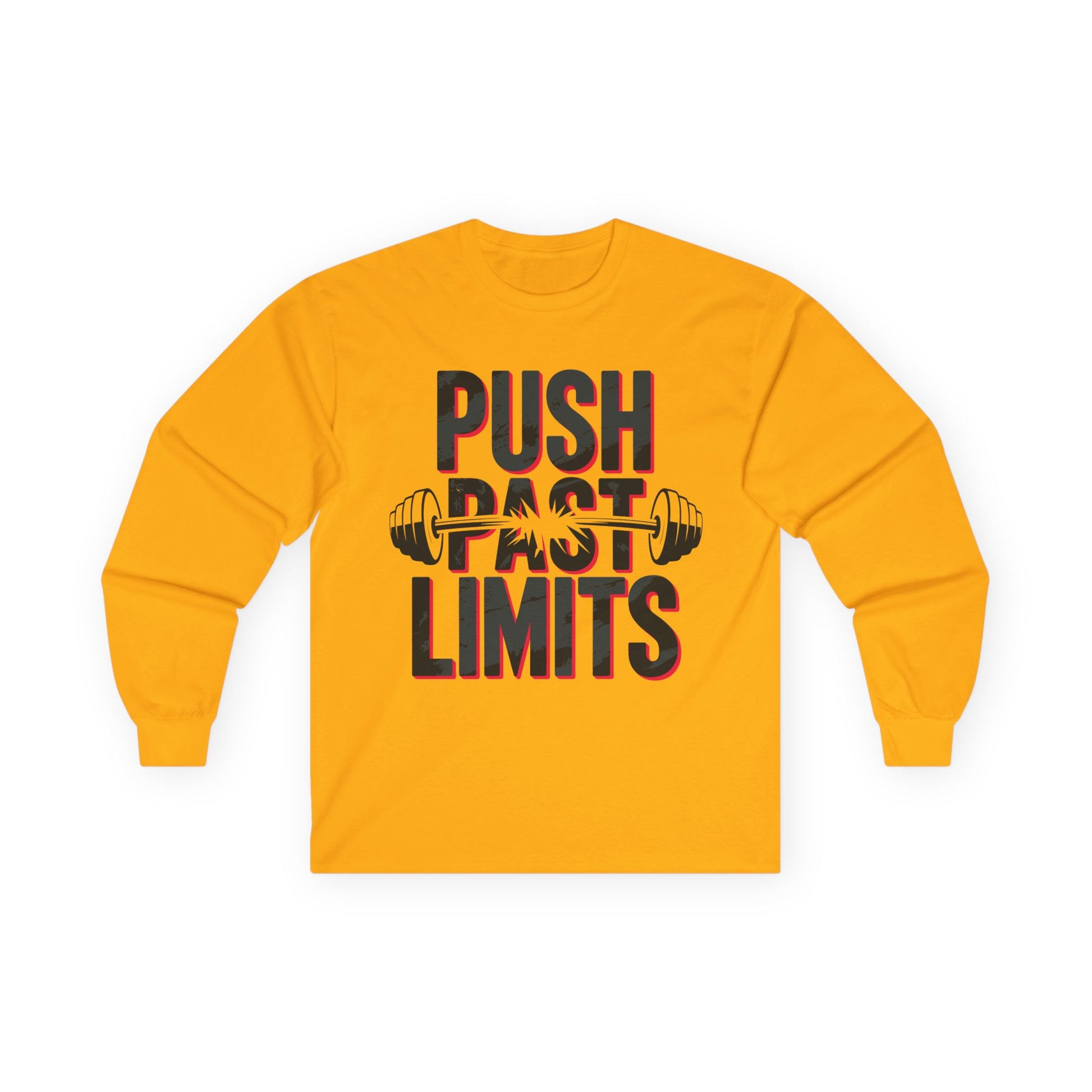 TEEZOCA push past limits gym graphic unisex long-sleeve t-shirt Yellow long-sleeve shirt with 'Push Past Limits' text and barbell graphic on a white background