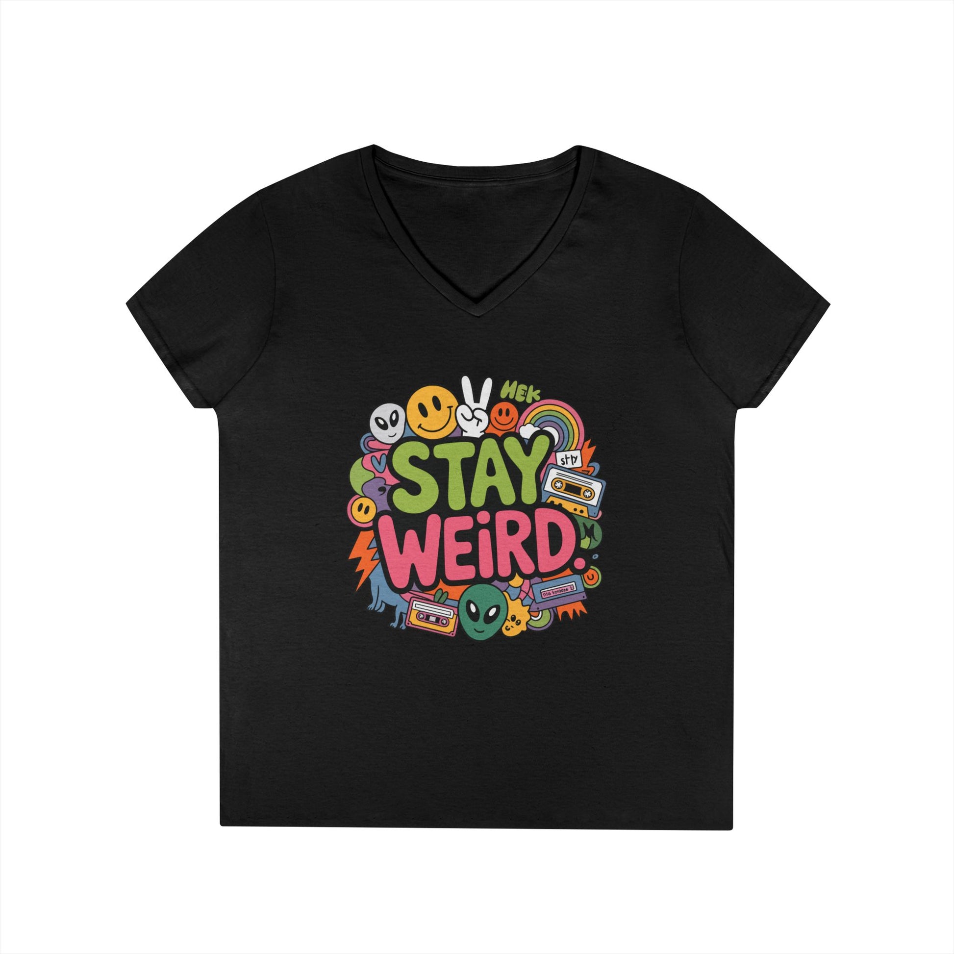 Stay Weird Retro Smiley Collage V-Neck T-Shirt for Women | TEEZOCA 