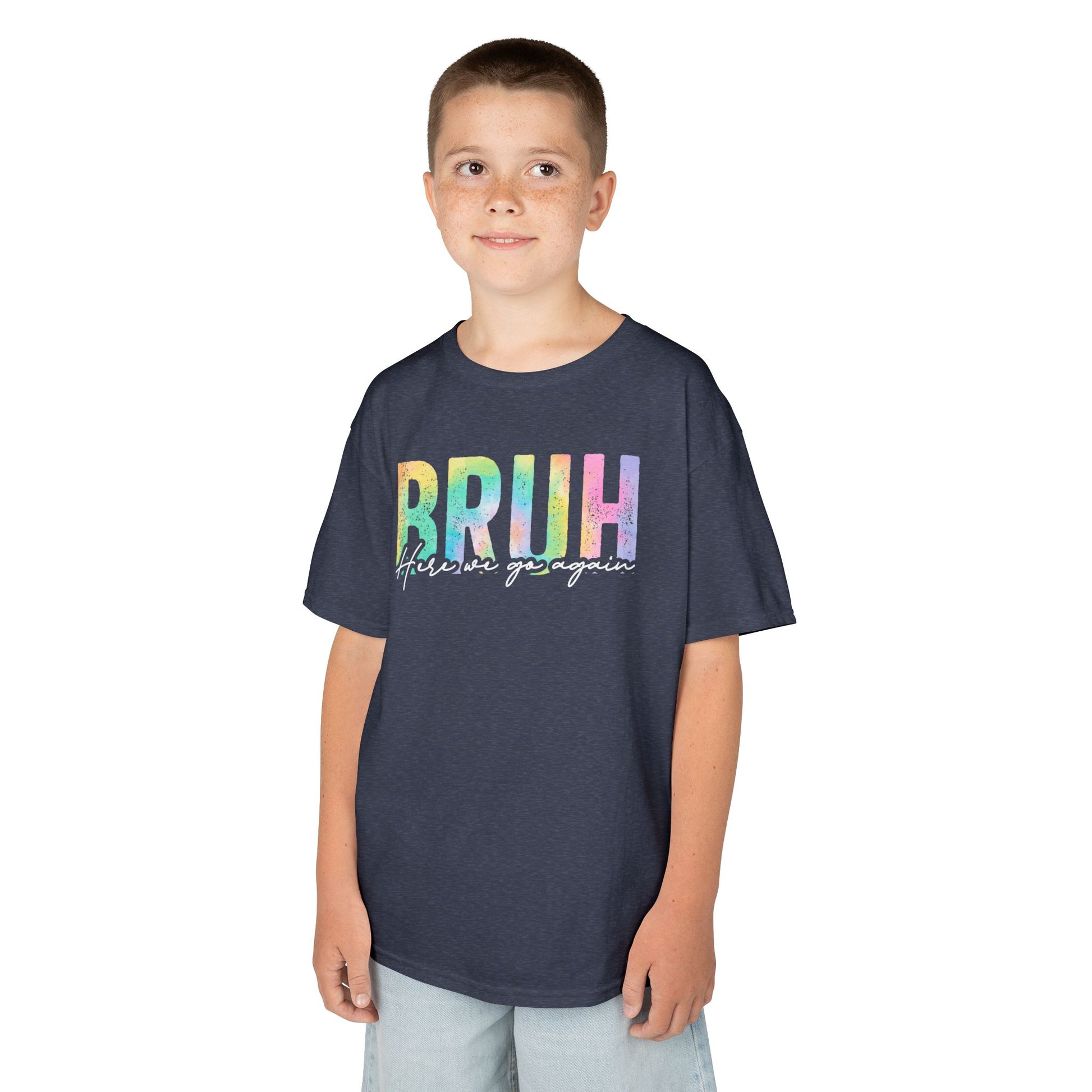 TEEZOCA rainbow distressed BRUH slogan Kids T-shirt Bruh Here We Go Again Funny Retro Pastel  Kids T-shirt | TEEZOCA 