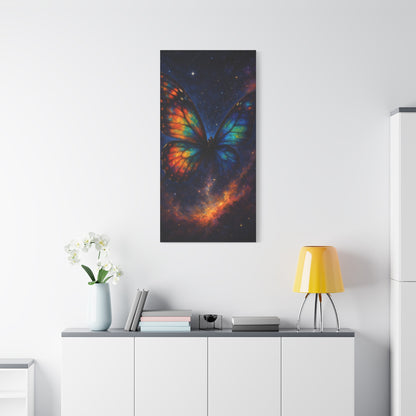 TEEZOCA rainbow‑wing butterfly galaxy wall art in a clean white room with plant and console.