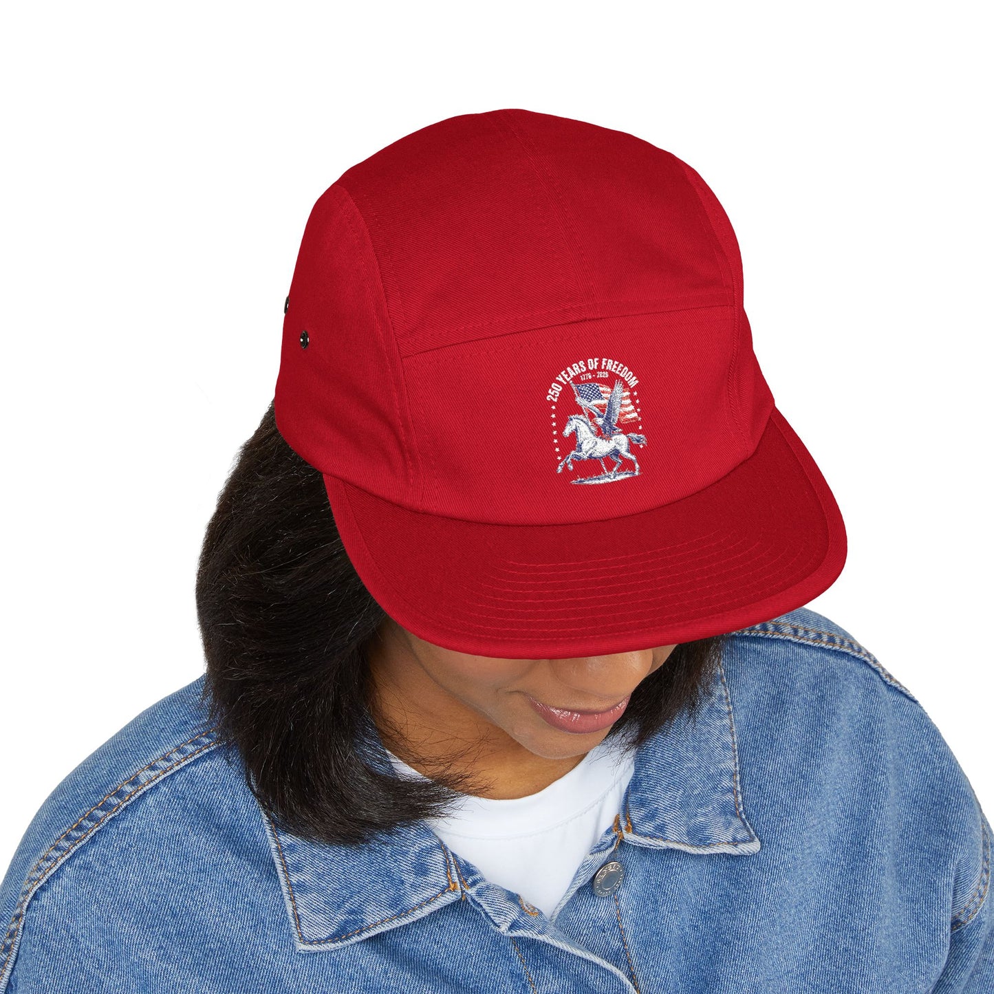 TEEZOCA red "250 Years of Freedom" americana cap shown from the front on a model in casual wear.
