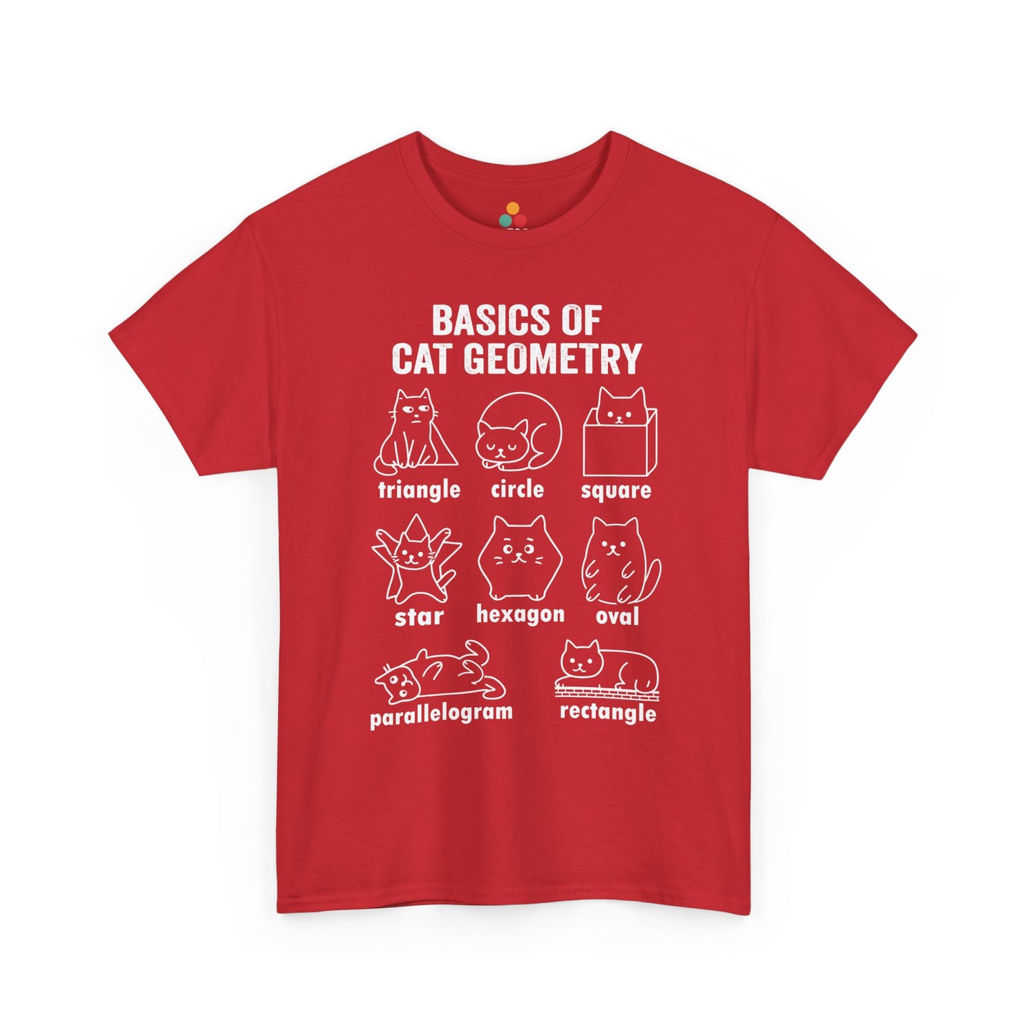 TEEZOCA red cat geometry sarcastic graphic T-shirt flat lay, white design on bold red. Cat Geometry Funny Math Shapes Teacher Student Lover Dad Mom Back School T-Shirt