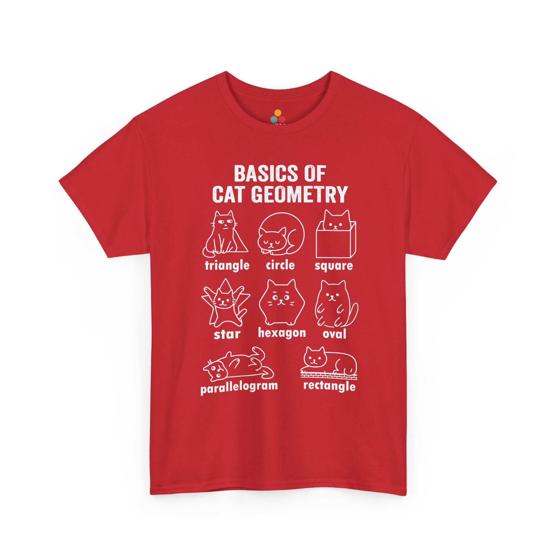 TEEZOCA red cat geometry sarcastic graphic T-shirt flat lay, white design on bold red. Cat Geometry Funny Math Shapes Teacher Student Lover Dad Mom Back School T-Shirt
