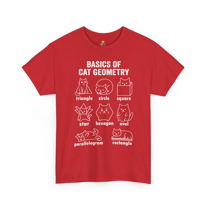 TEEZOCA red cat geometry sarcastic graphic T-shirt flat lay, white design on bold red. Cat Geometry Funny Math Shapes Teacher Student Lover Dad Mom Back School T-Shirt