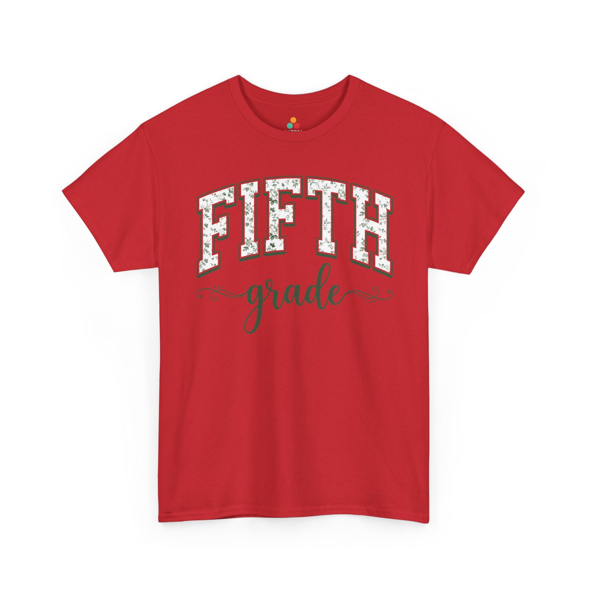 TEEZOCA red floral back to school t-shirt for fifth grade teachers and staff, an adult tee found on Amazon and Etsy.

