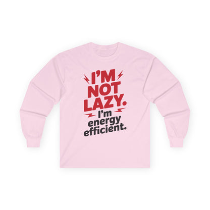 TEEZOCA red text energy efficient humor shirt Pink sweatshirt with red and black text on a white background