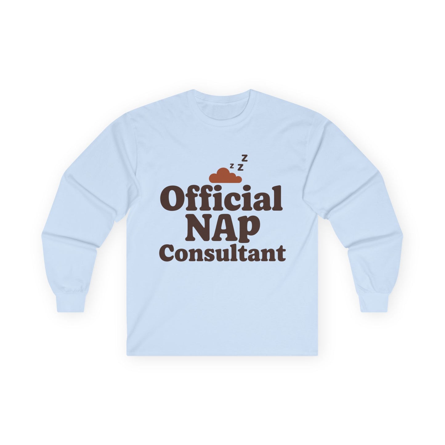 TEEZOCA relaxed humor unisex long-sleeve shirt Light blue sweatshirt with 'Official NAP Consultant' text and graphic on a white background