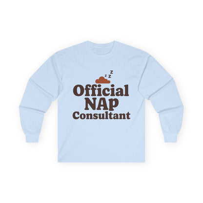 TEEZOCA relaxed humor unisex long-sleeve shirt Light blue sweatshirt with 'Official NAP Consultant' text and graphic on a white background