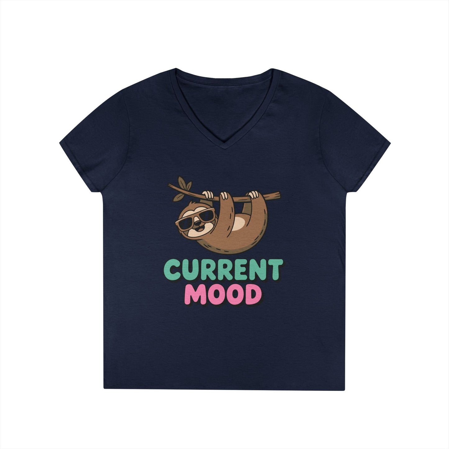 Cute Sloth Graphic V-Neck T-Shirt for Women with Chill Current Mood Vibes | TEEZOCA 
