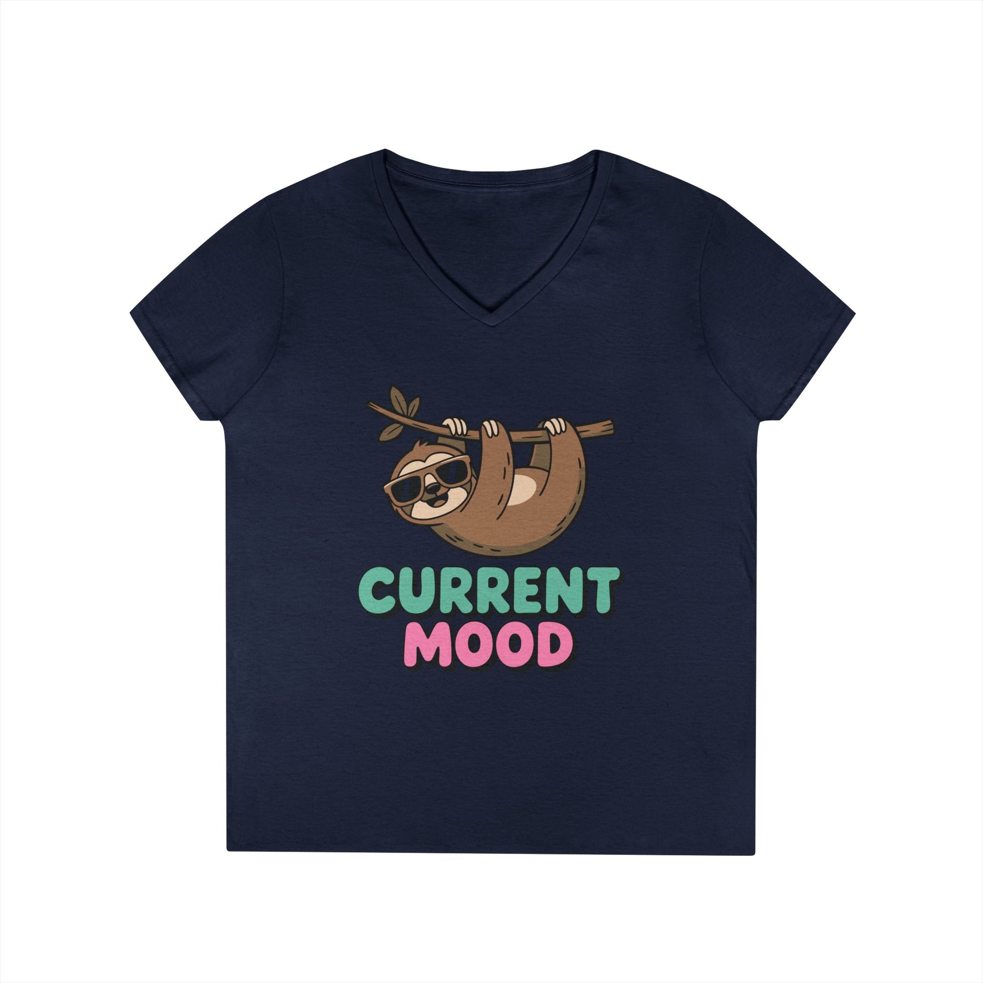 Cute Sloth Graphic V-Neck T-Shirt for Women with Chill Current Mood Vibes | TEEZOCA 