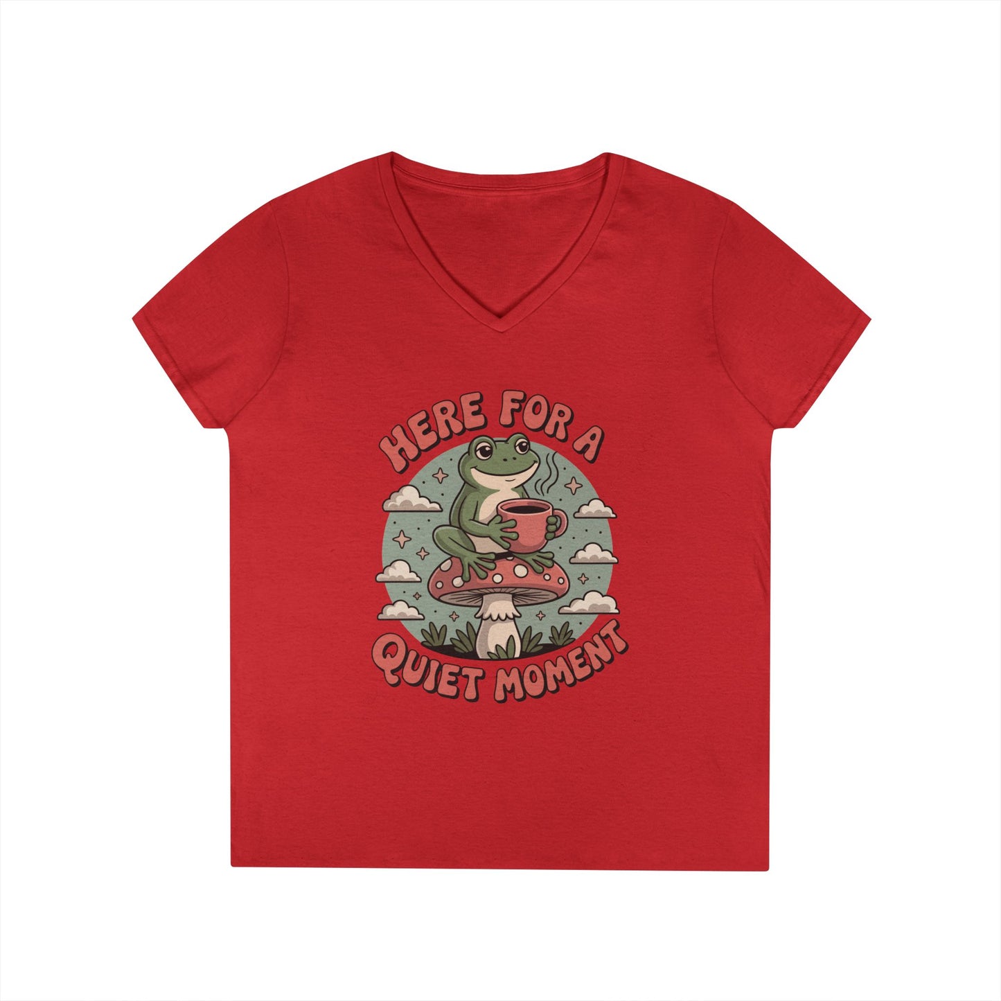 Here for a Quiet Moment Frog Coffee Graphic V-Neck T-Shirt for Women | TEEZOCA 