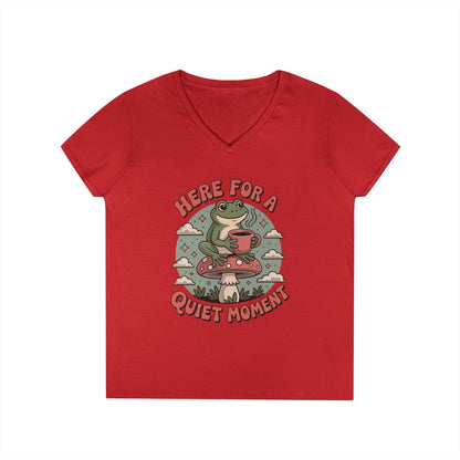 Here for a Quiet Moment Frog Coffee Graphic V-Neck T-Shirt for Women | TEEZOCA 