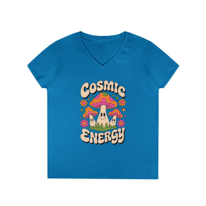 Cosmic Energy Happy Mushroom Graphic V-Neck T-Shirt for Women | TEEZOCA 