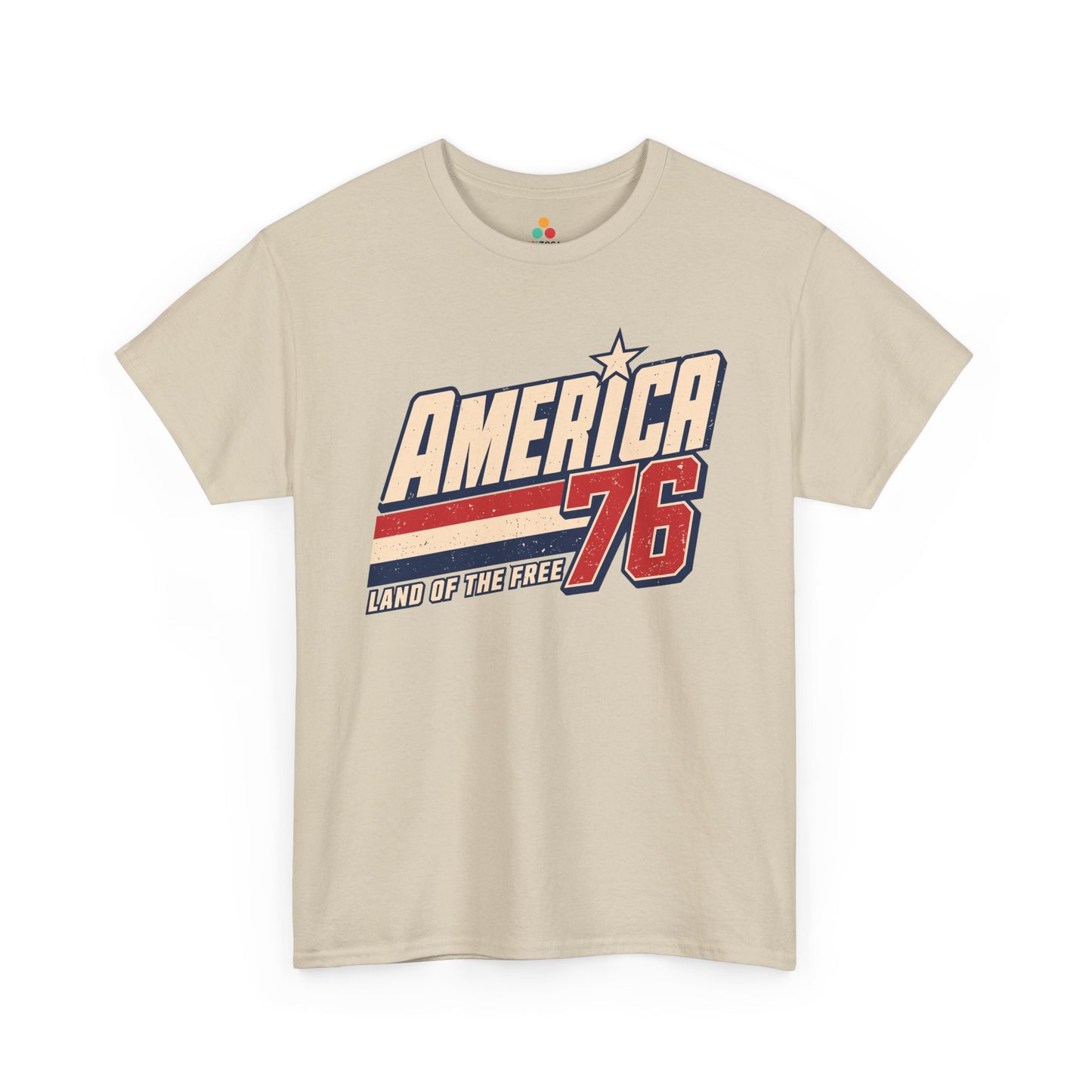 TEEZOCA retro 4th of july shirt T-shirt showing distressed America lettering, red 76 numbers, navy outlines, and patriotic varsity energy.
