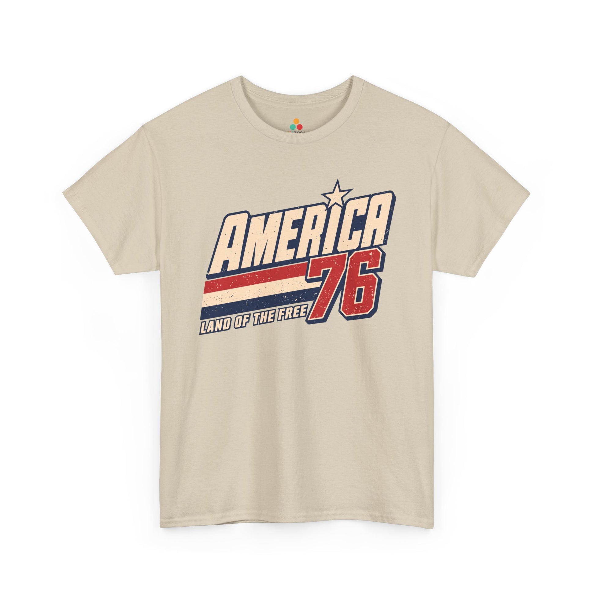 TEEZOCA retro 4th of july shirt T-shirt showing distressed America lettering, red 76 numbers, navy outlines, and patriotic varsity energy.
