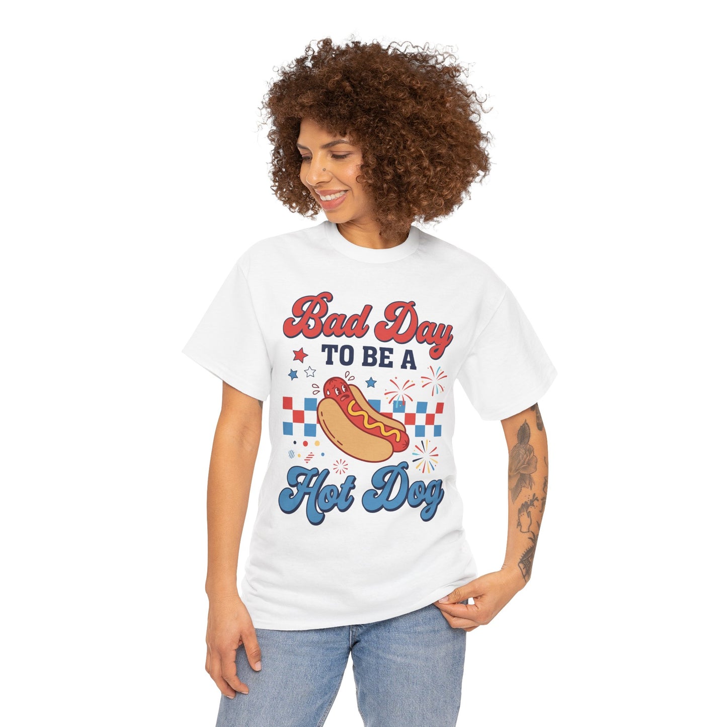 TEEZOCA retro 4th of july shirt T-shirt with Bad Day To Be A Hot Dog script, panicked hot dog, fireworks, stars, and checkered stripe.
