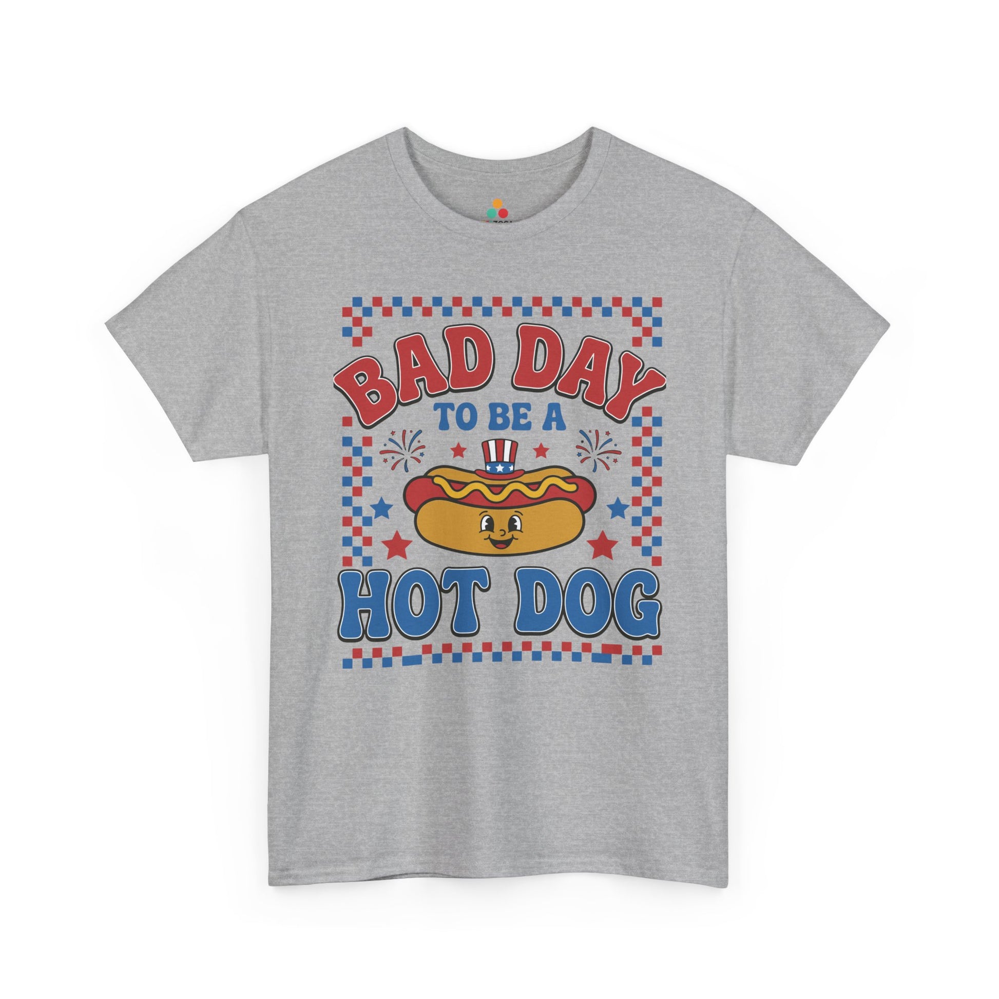 TEEZOCA retro 4th of july shirt t-shirt with groovy lettering, smiling hot dog character, red blue stars, and BBQ party energy.
