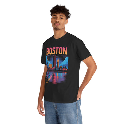 Boston Night Skyline Unisex T-shirt Retro City Streetwear Art | TEEZOCA 