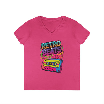 Retro Beats Cassette Art Ladies’ V-Neck T-Shirt Colorful Music Vibes | TEEZOCA 