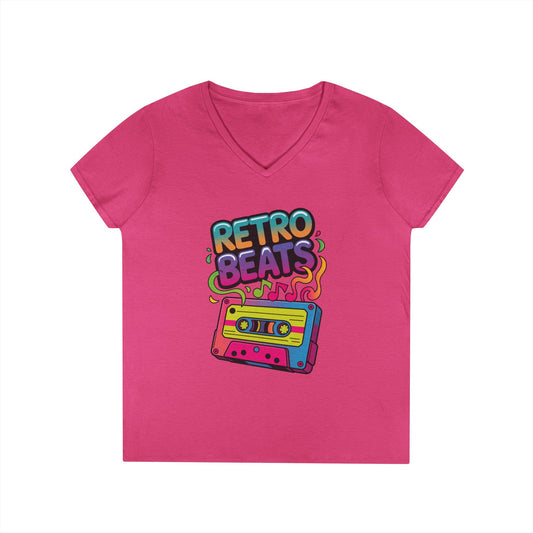 Retro Beats Cassette Art Ladies’ V-Neck T-Shirt Colorful Music Vibes | TEEZOCA 