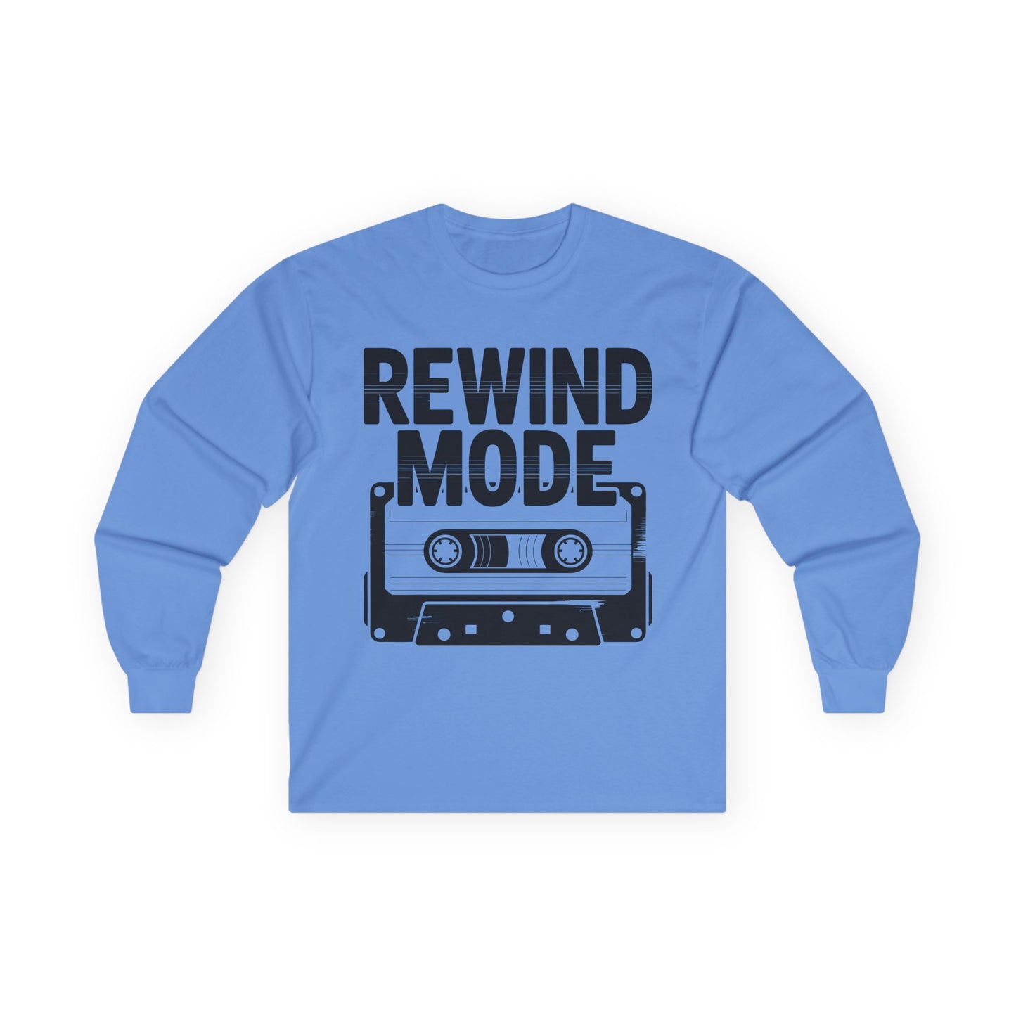 TEEZOCA retro cassette tape long-sleeve shirt Blue long-sleeve shirt with 'Rewind Mode' and cassette tape graphic on a white background