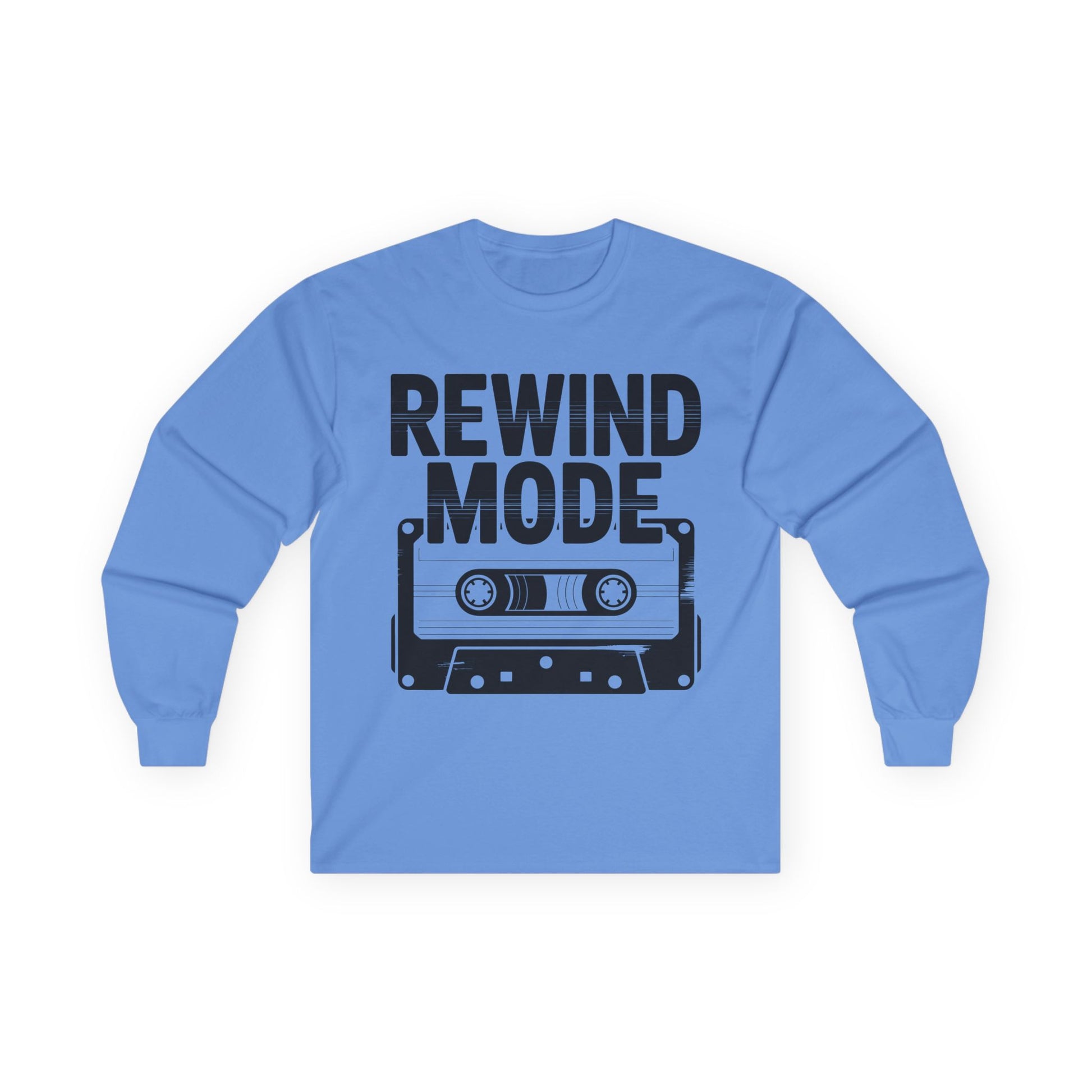 TEEZOCA retro cassette tape long-sleeve shirt Blue long-sleeve shirt with 'Rewind Mode' and cassette tape graphic on a white background