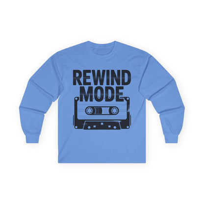 TEEZOCA retro cassette tape long-sleeve shirt Blue long-sleeve shirt with 'Rewind Mode' and cassette tape graphic on a white background
