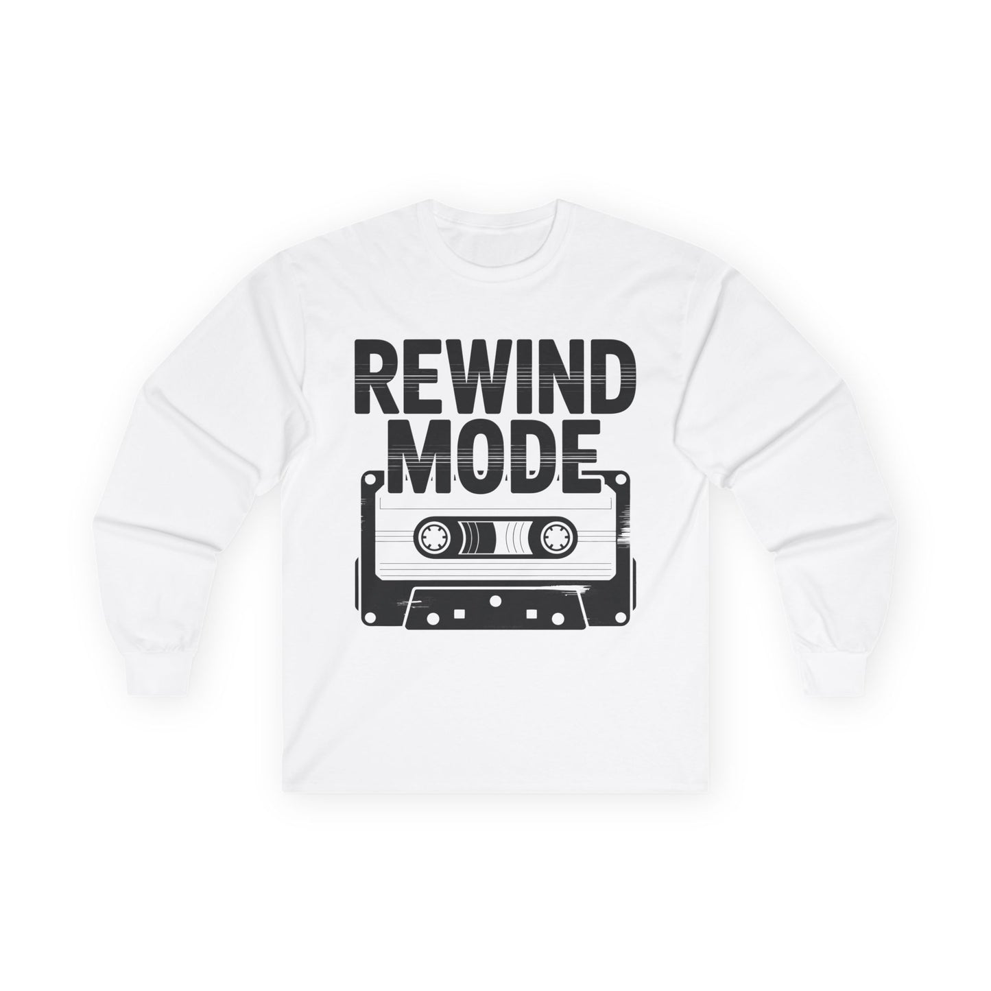 TEEZOCA retro cassette tape long-sleeve shirt White sweatshirt with 'REWIND MODE' text and cassette tape graphic on a white background