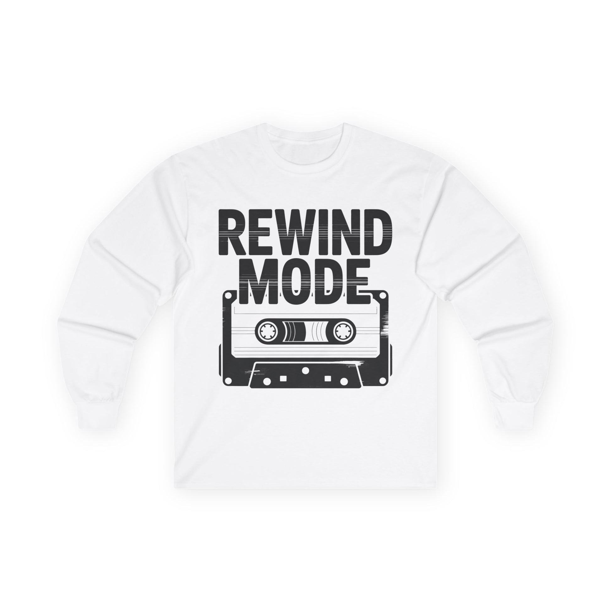 TEEZOCA retro cassette tape long-sleeve shirt White sweatshirt with 'REWIND MODE' text and cassette tape graphic on a white background