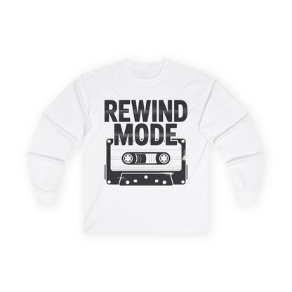 TEEZOCA retro cassette tape long-sleeve shirt White sweatshirt with 'REWIND MODE' text and cassette tape graphic on a white background
