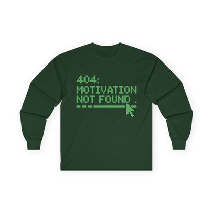 TEEZOCA retro computer style graphic long-sleeve shirt Green long-sleeve shirt with text '404: Motivation Not Found' on a white background