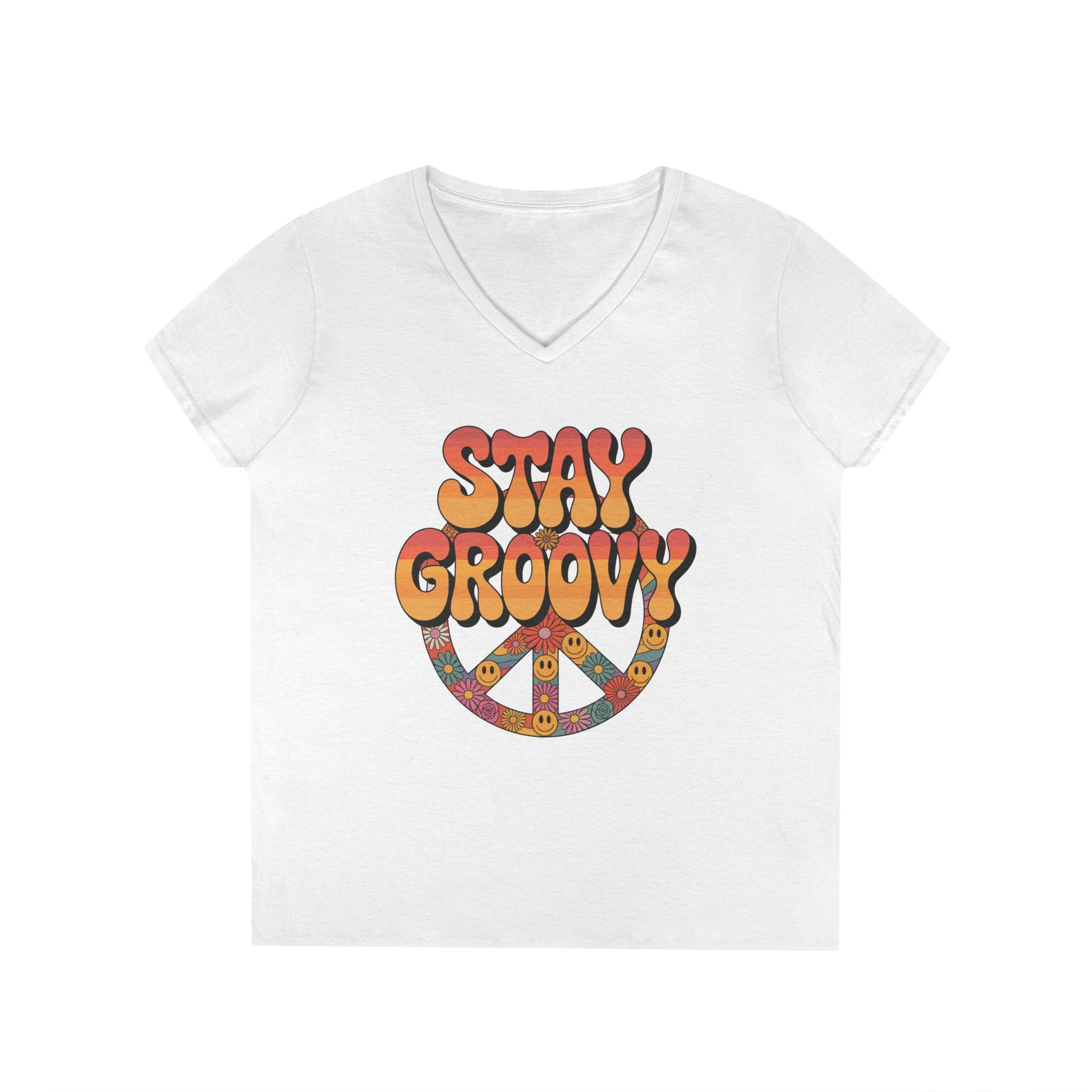Stay Groovy Retro Peace Sign V-Neck T-Shirt for Women | TEEZOCA 