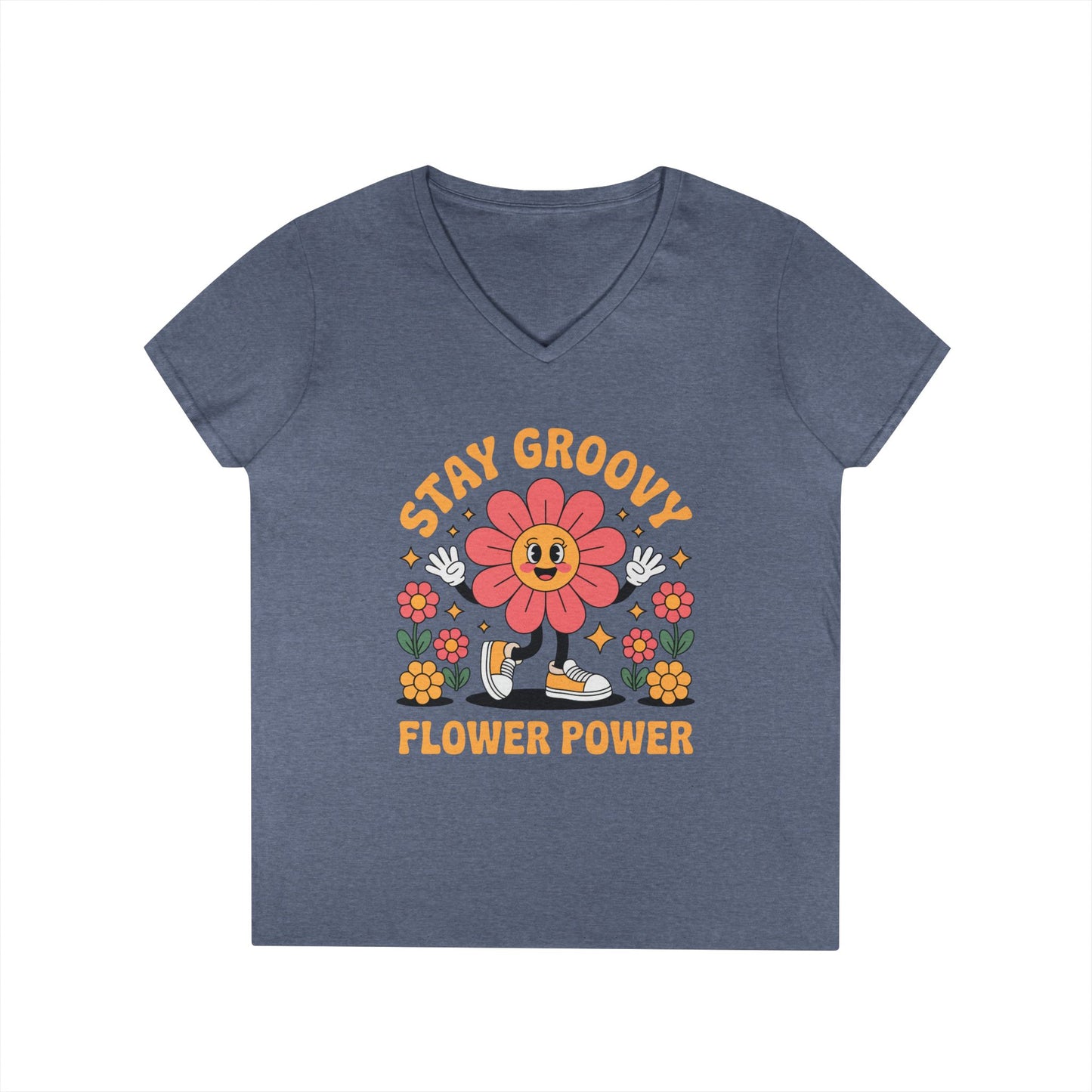 Stay Groovy Flower Power Retro V-Neck T-Shirt for Women Style | TEEZOCA 