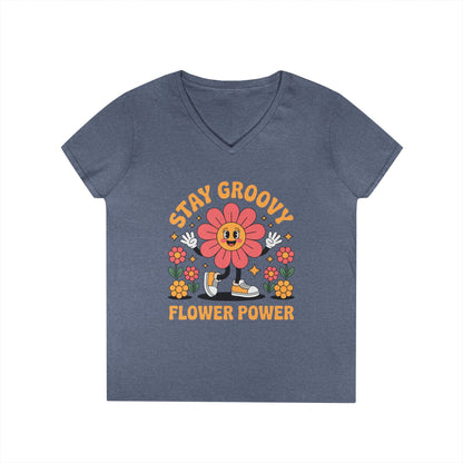 Stay Groovy Flower Power Retro V-Neck T-Shirt for Women Style | TEEZOCA 
