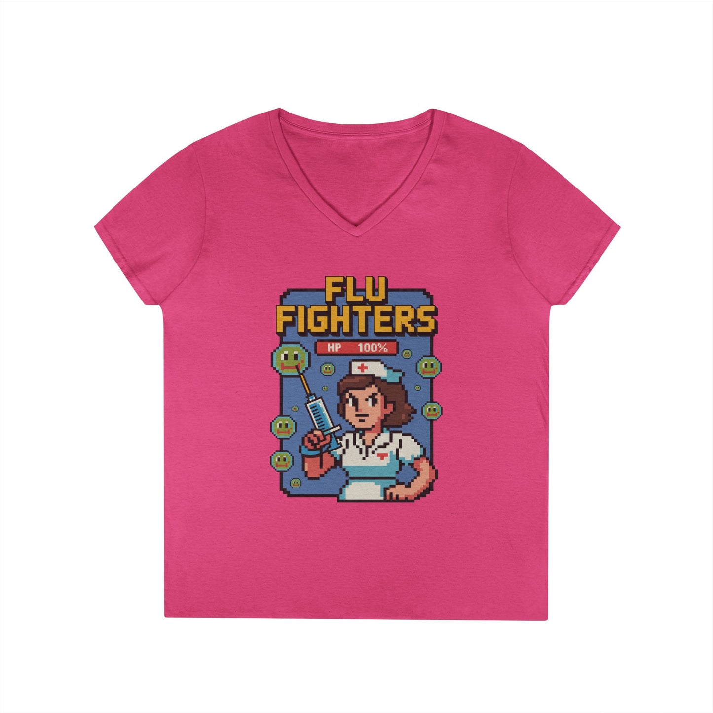 Flu Fighters V-Neck T-Shirt Retro Gamer Nurse Humor Statement Tee | TEEZOCA 