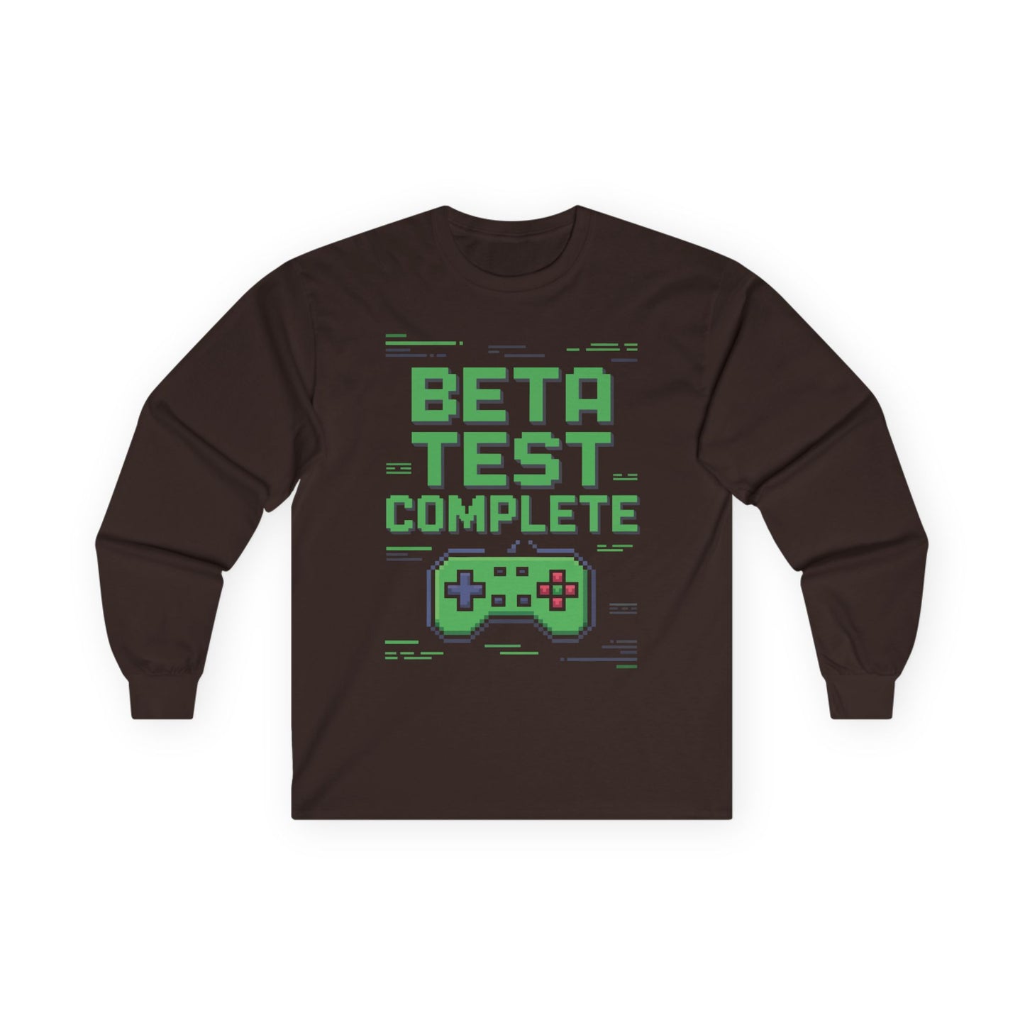 TEEZOCA retro gaming pixel art long-sleeve shirt Brown long-sleeve shirt with 'Beta Test Complete' text and game controller graphic on a white background
