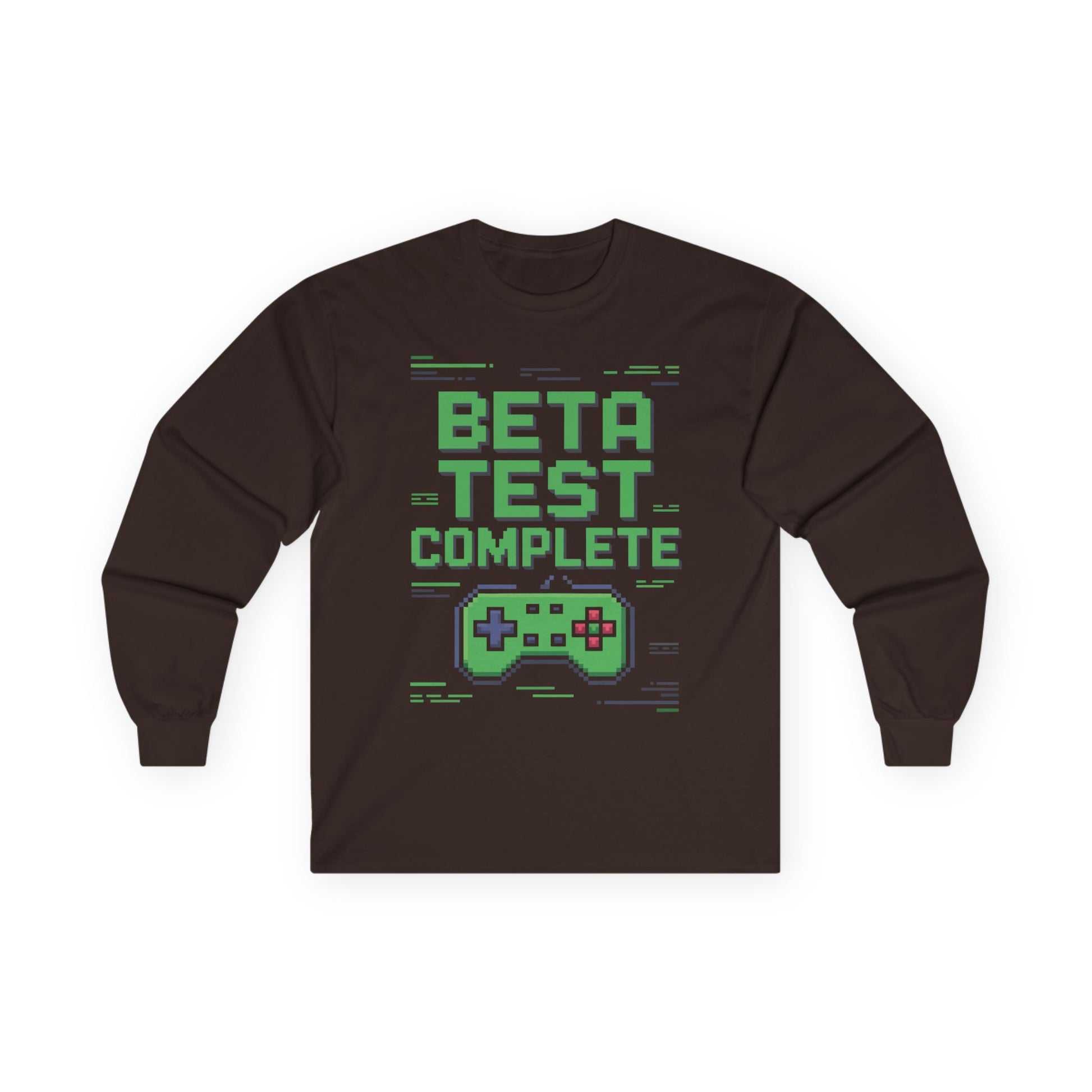TEEZOCA retro gaming pixel art long-sleeve shirt Brown long-sleeve shirt with 'Beta Test Complete' text and game controller graphic on a white background