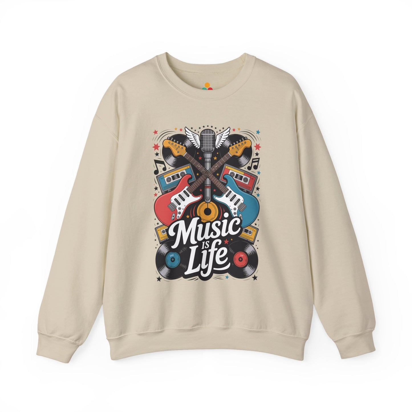 TEEZOCA retro guitar sweatshirt with music is life typography and vinyl art Beige sweatshirt with 'Music is Life' graphic design on a white background