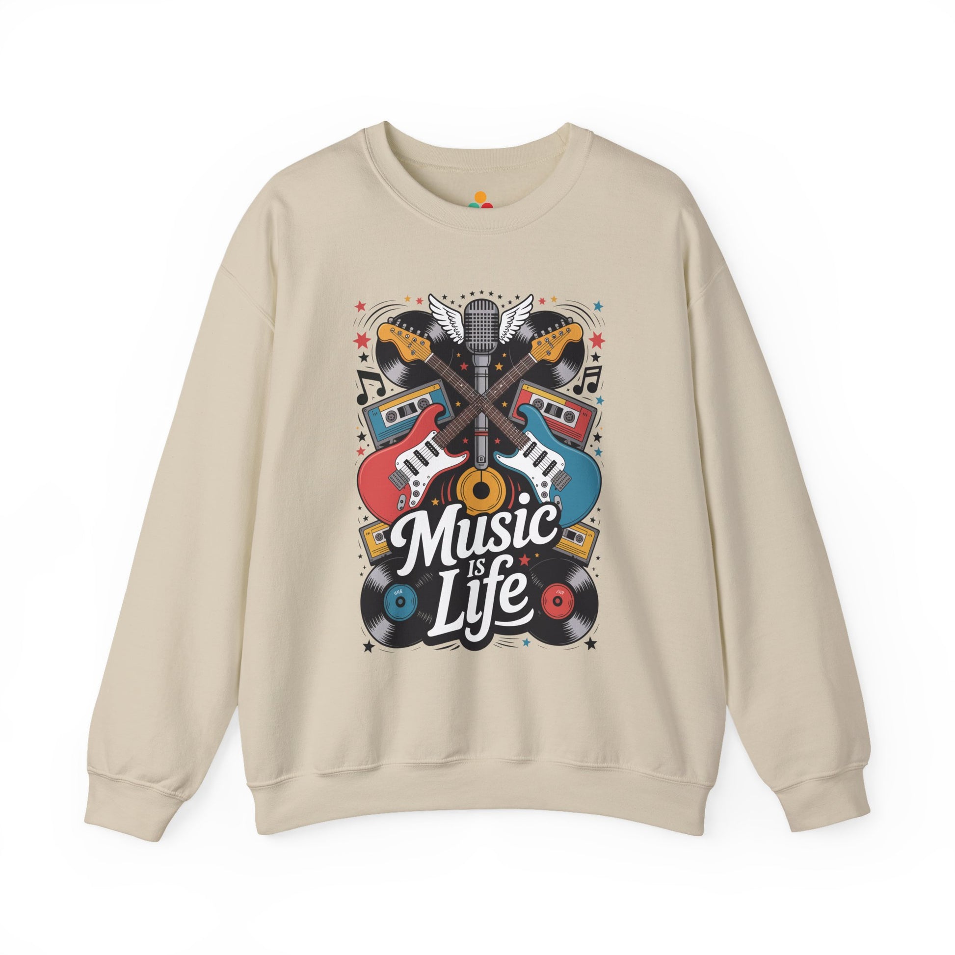 TEEZOCA retro guitar sweatshirt with music is life typography and vinyl art Beige sweatshirt with 'Music is Life' graphic design on a white background