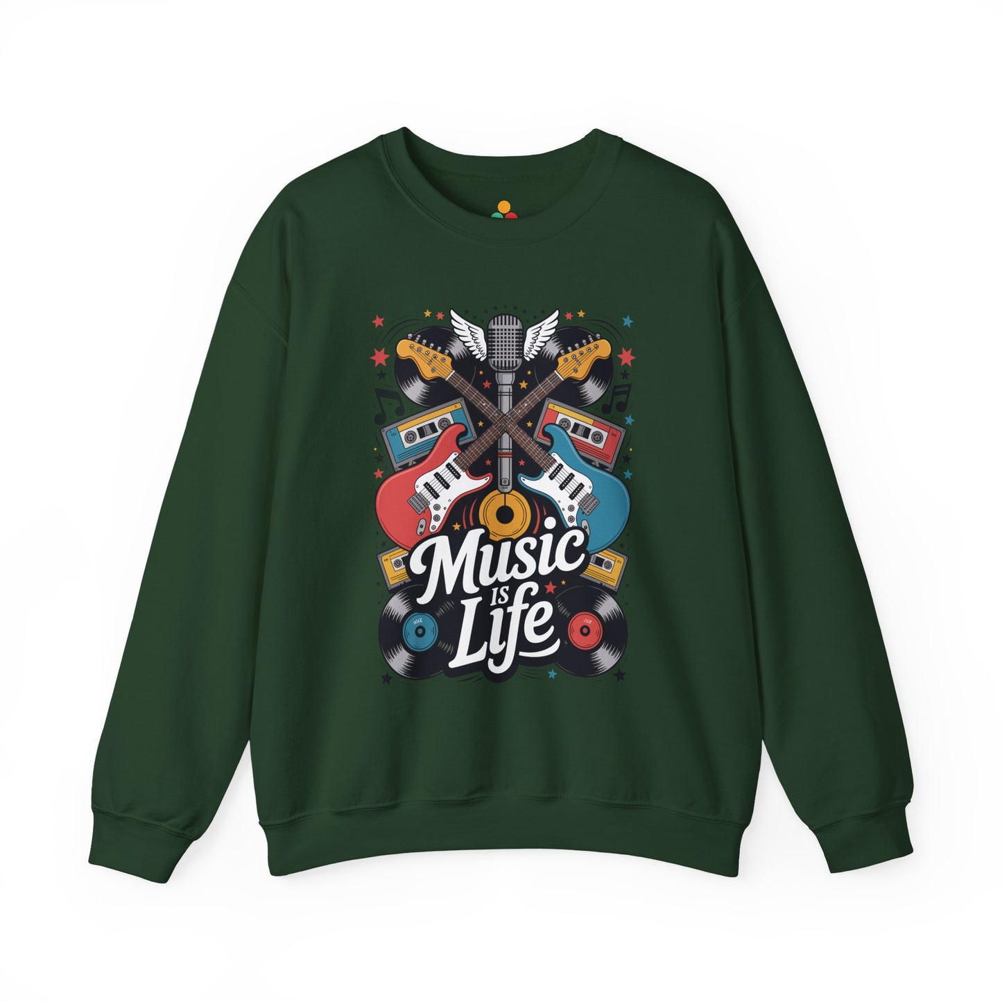 TEEZOCA retro guitar sweatshirt with music is life typography and vinyl art Green sweatshirt with 'Music is Life' graphic design on a white background