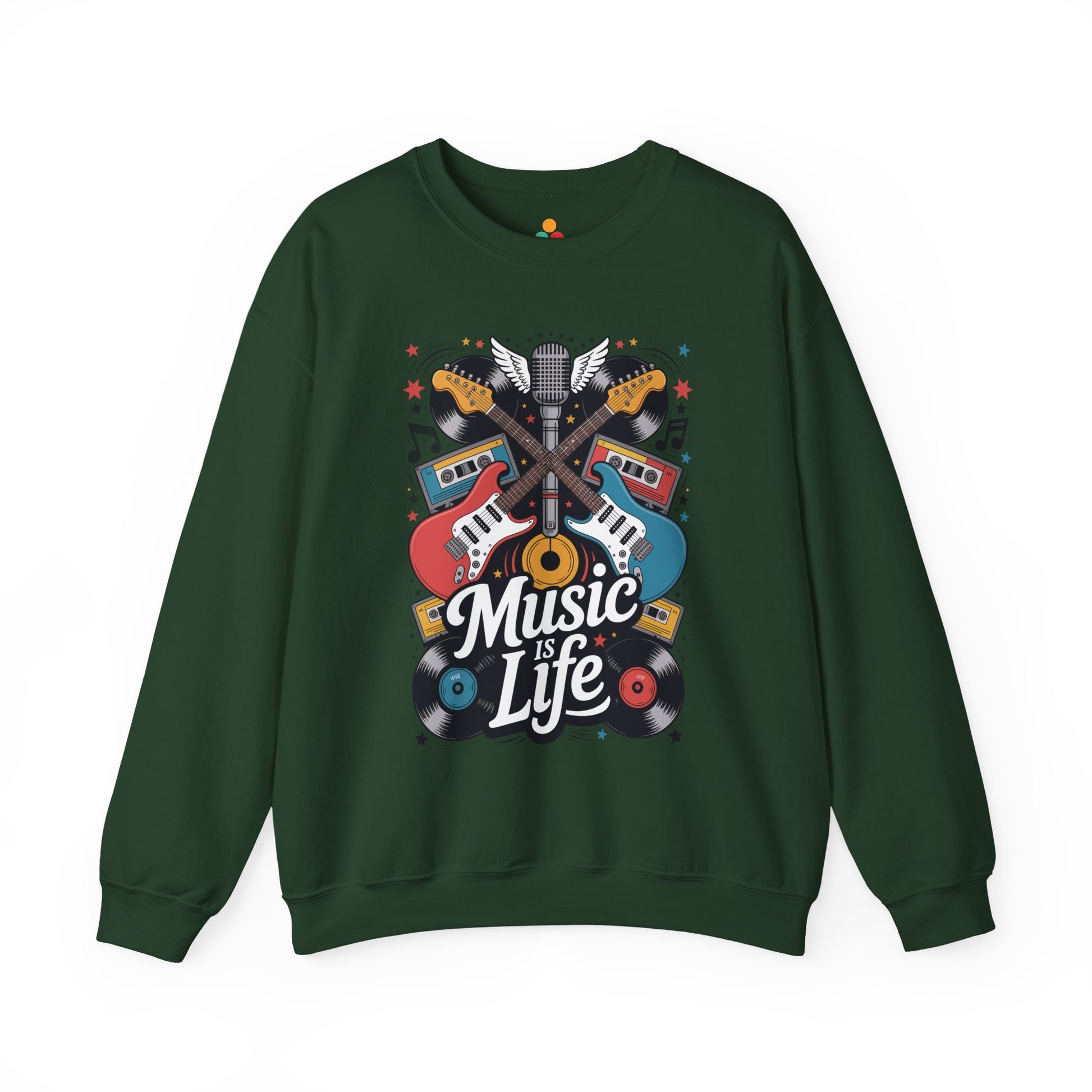 TEEZOCA retro guitar sweatshirt with music is life typography and vinyl art Green sweatshirt with 'Music is Life' graphic design on a white background