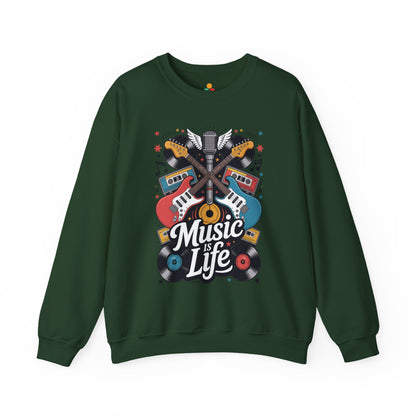 TEEZOCA retro guitar sweatshirt with music is life typography and vinyl art Green sweatshirt with 'Music is Life' graphic design on a white background