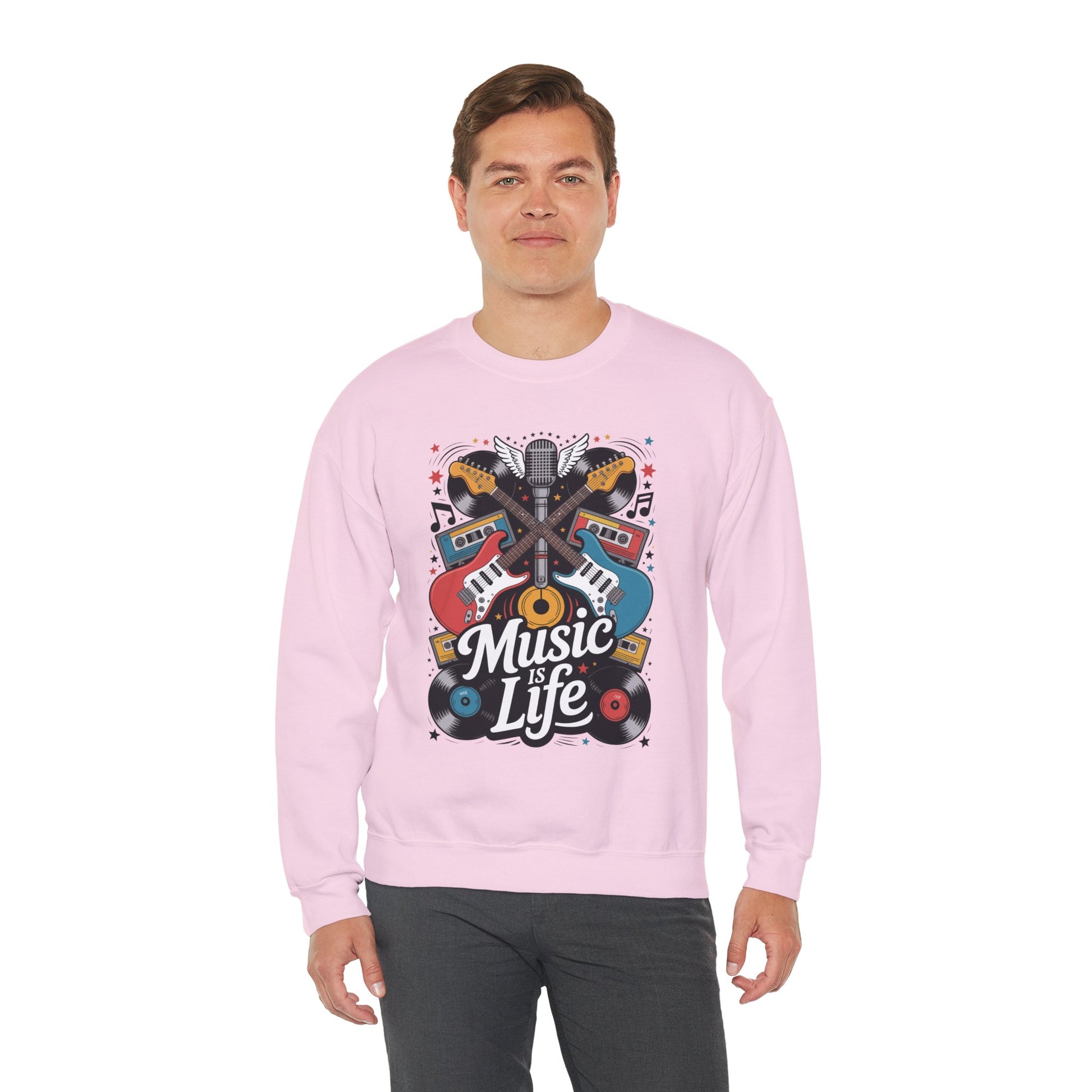 TEEZOCA retro guitar sweatshirt with music is life typography and vinyl art Person wearing a pink sweatshirt with 'Music is Life' design on a white background