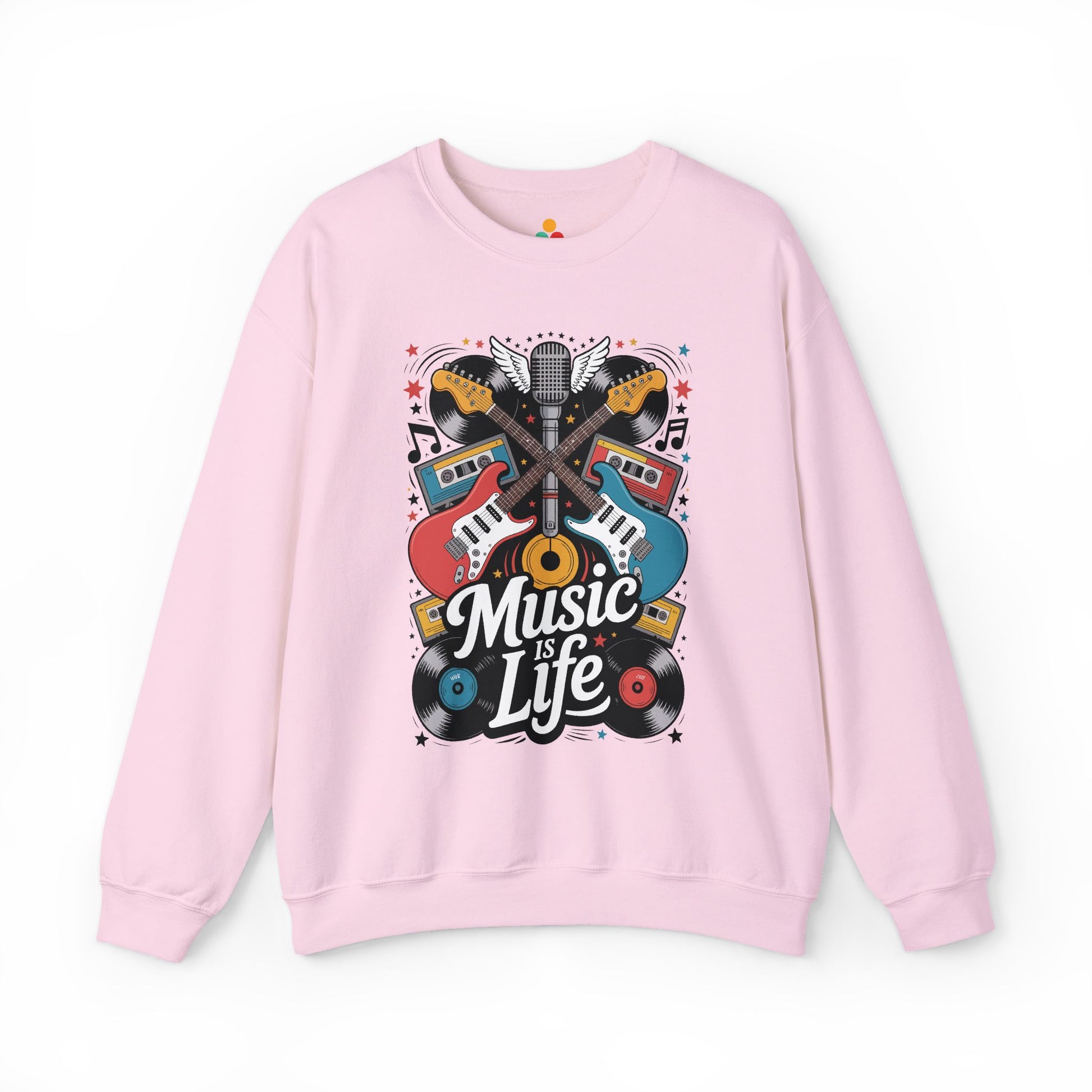 TEEZOCA retro guitar sweatshirt with music is life typography and vinyl art Pink sweatshirt with 'Music is Life' graphic design on a white background