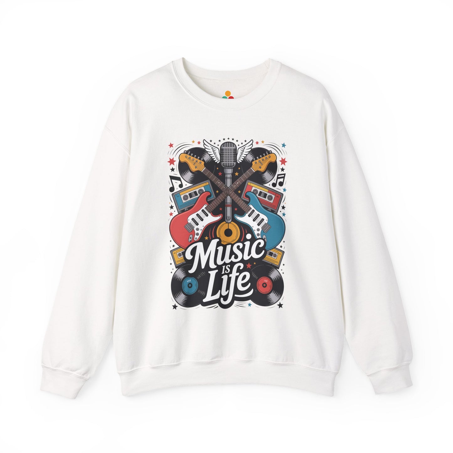 TEEZOCA retro guitar sweatshirt with music is life typography and vinyl art White sweatshirt with 'Music is Life' graphic design on a white background