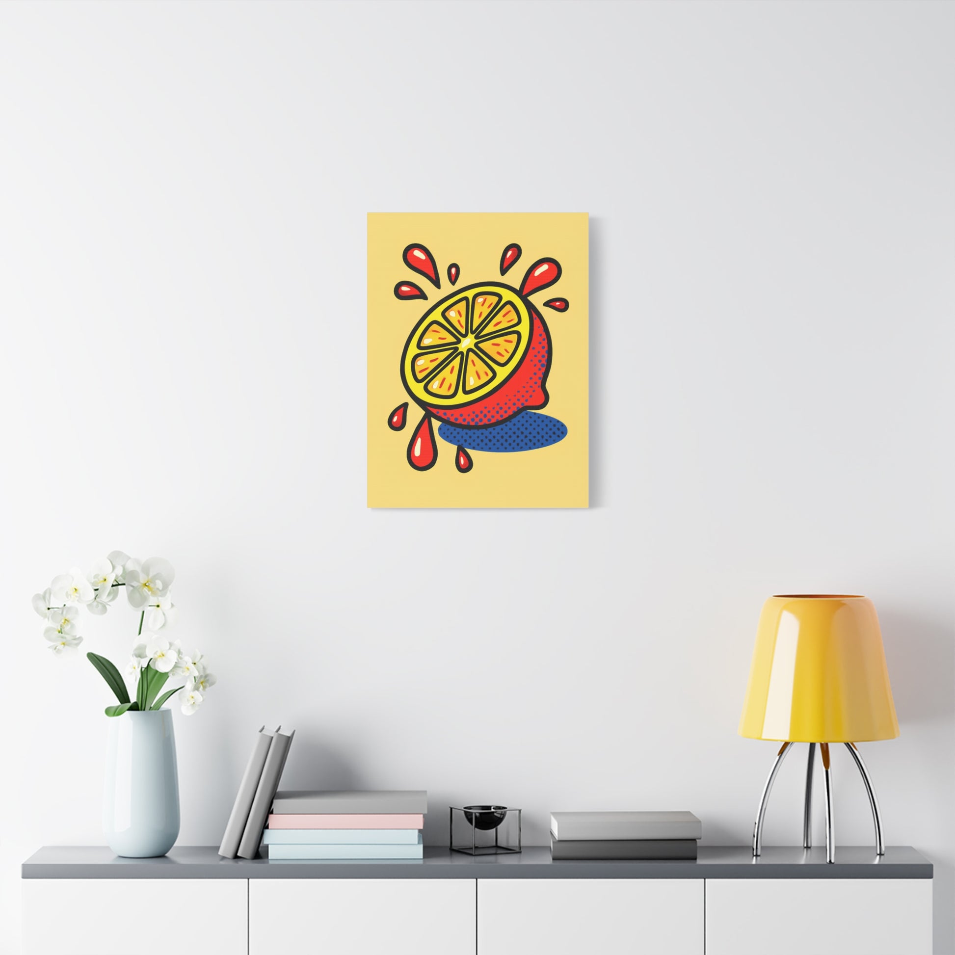 TEEZOCA retro lemon kitchen canvas hanging above a couch with yellow lamp.