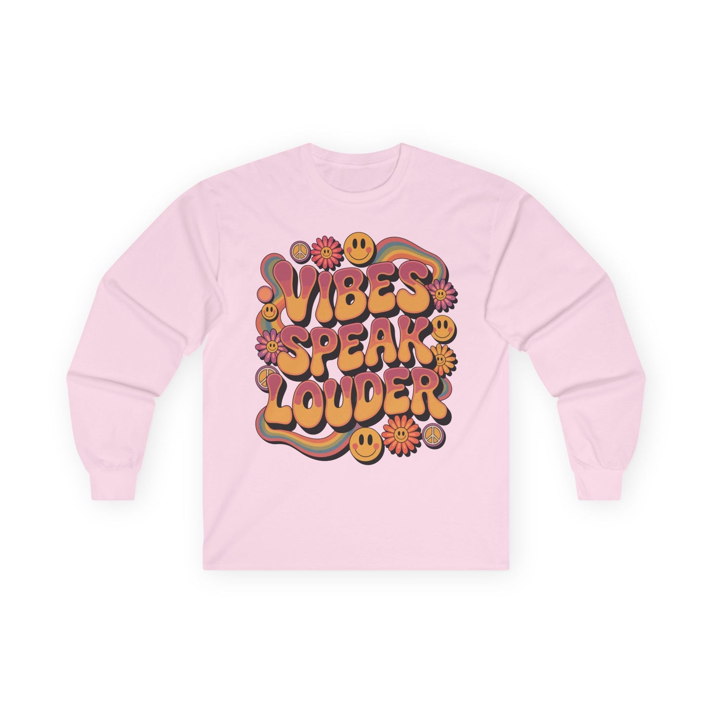TEEZOCA retro peace and smiley vibes speak louder unisex long-sleeve t-shirt Pink sweatshirt with 'Vibes Speak Louder' text and smiley faces on a white background