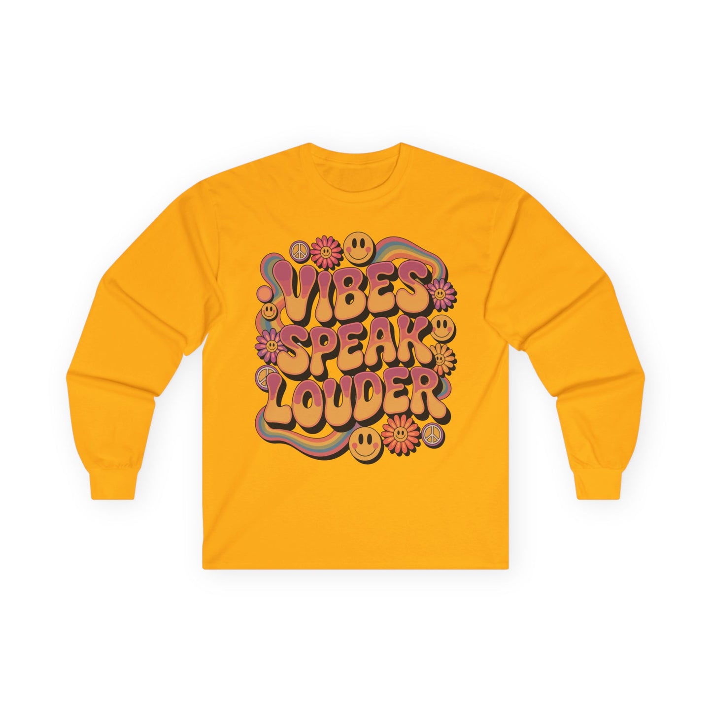 TEEZOCA retro peace and smiley vibes speak louder unisex long-sleeve t-shirt Yellow long-sleeve shirt with colorful graphic design on a white background