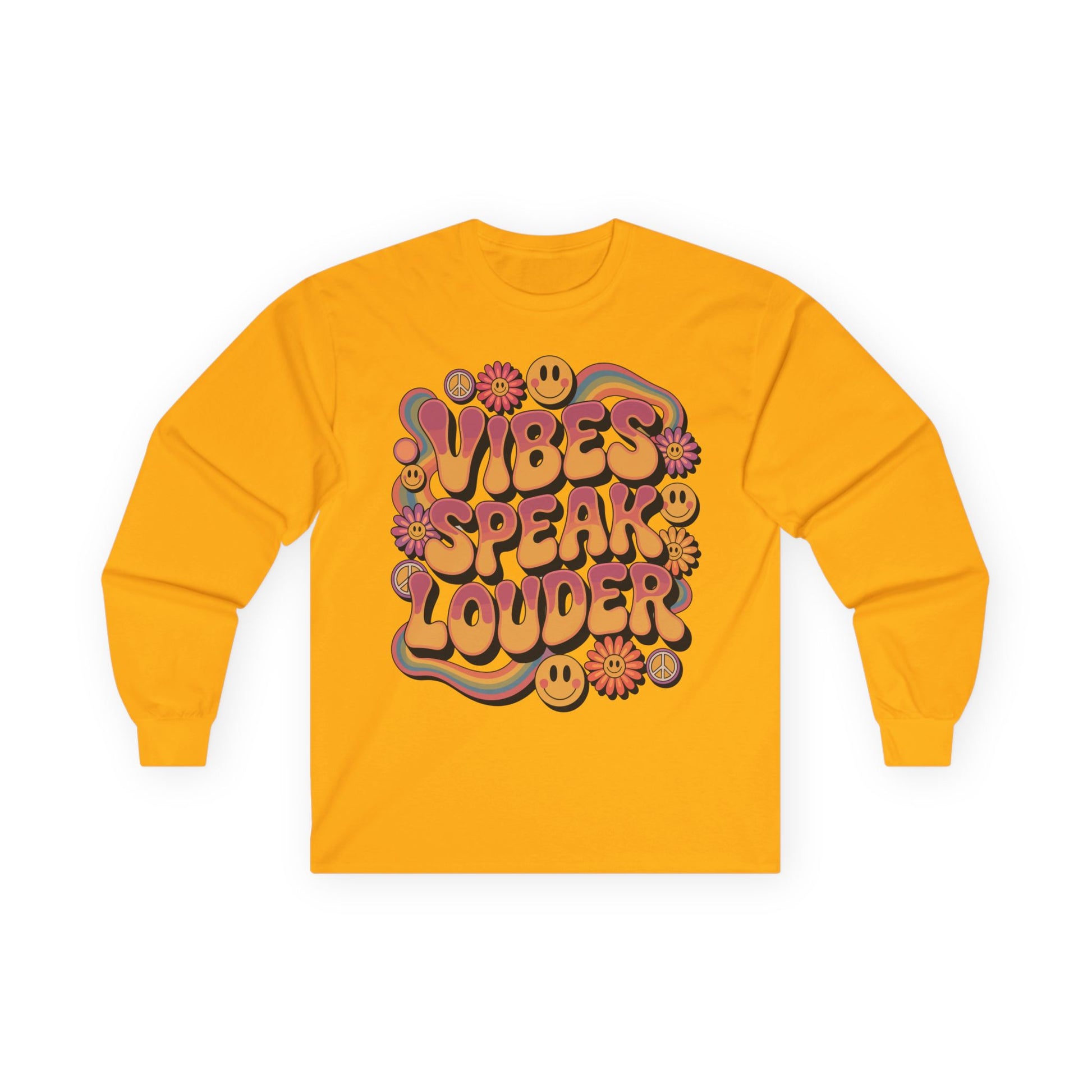 TEEZOCA retro peace and smiley vibes speak louder unisex long-sleeve t-shirt Yellow long-sleeve shirt with colorful graphic design on a white background
