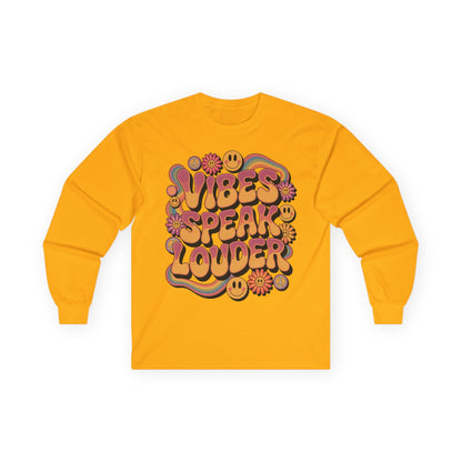TEEZOCA retro peace and smiley vibes speak louder unisex long-sleeve t-shirt Yellow long-sleeve shirt with colorful graphic design on a white background